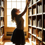 **A person enthusiastically exploring a library filled with books, sunlight streaming through the windows, representing the joy of self-directed learning and discovering passions.** (Focus: Passion, discovery, books, light)