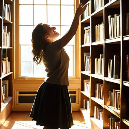 Home 11 **A person enthusiastically exploring a library filled with books, sunlight streaming through the windows, representing the joy of self-directed learning and discovering passions.** (Focus: Passion, discovery, books, light)