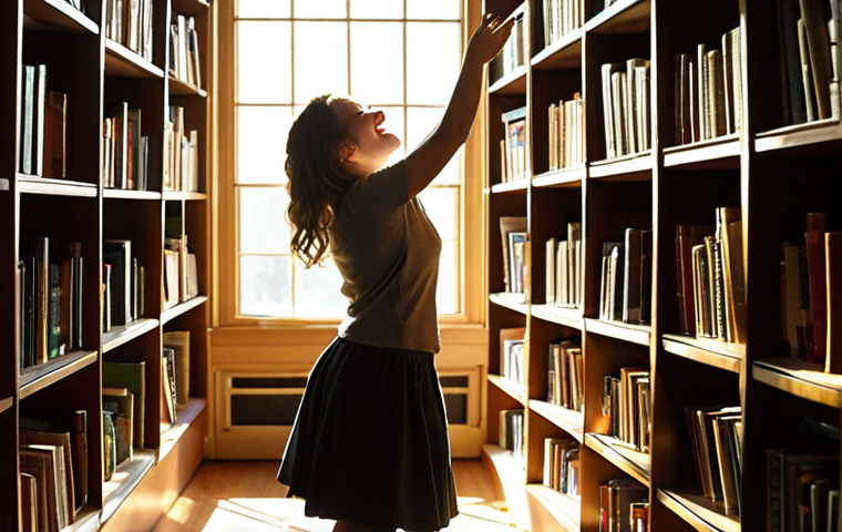 **A person enthusiastically exploring a library filled with books, sunlight streaming through the windows, representing the joy of self-directed learning and discovering passions.** (Focus: Passion, discovery, books, light)